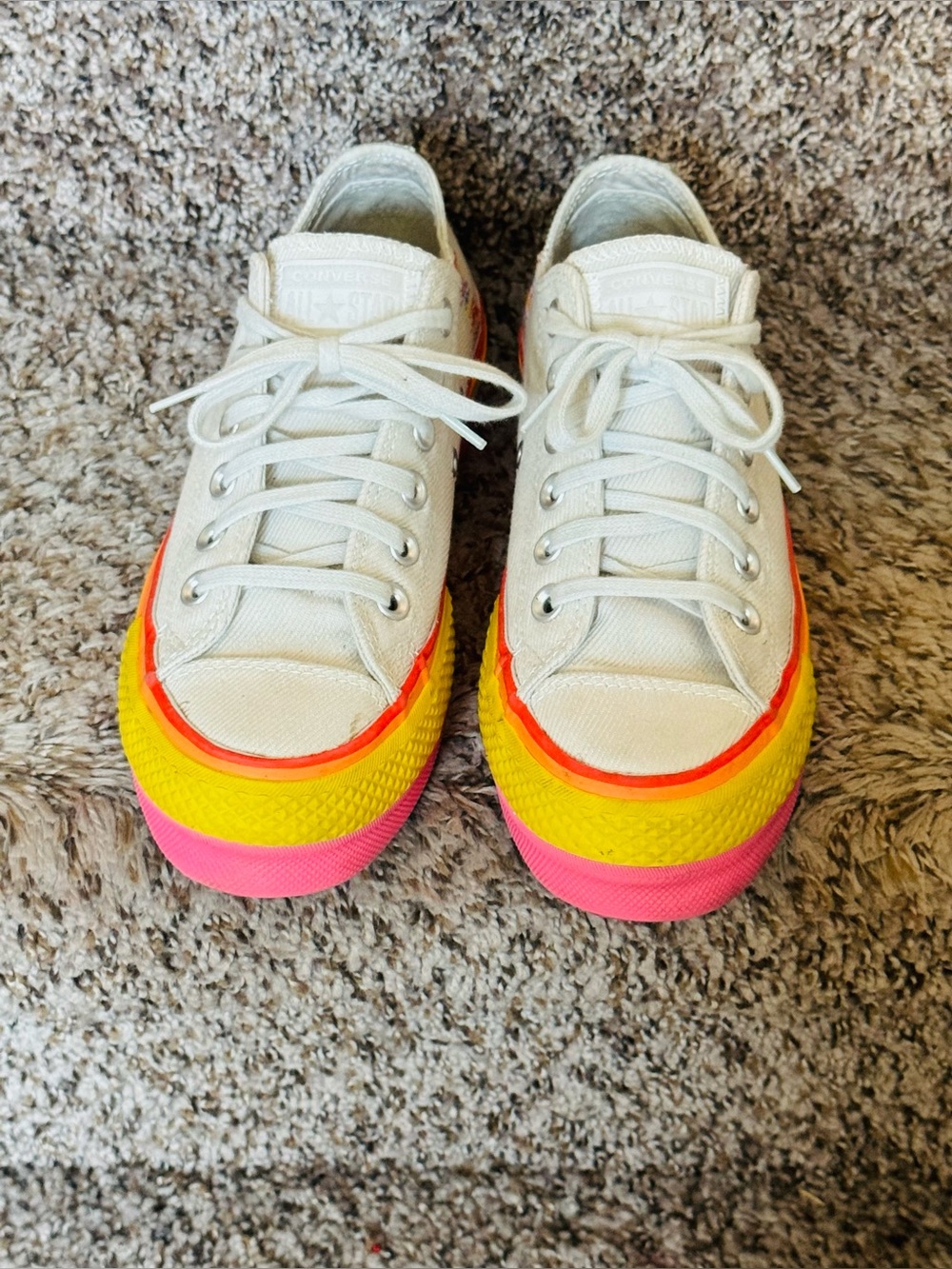 Converse Low Top Canvas Sneakers in White with Pink, Yellow & Orange Sole